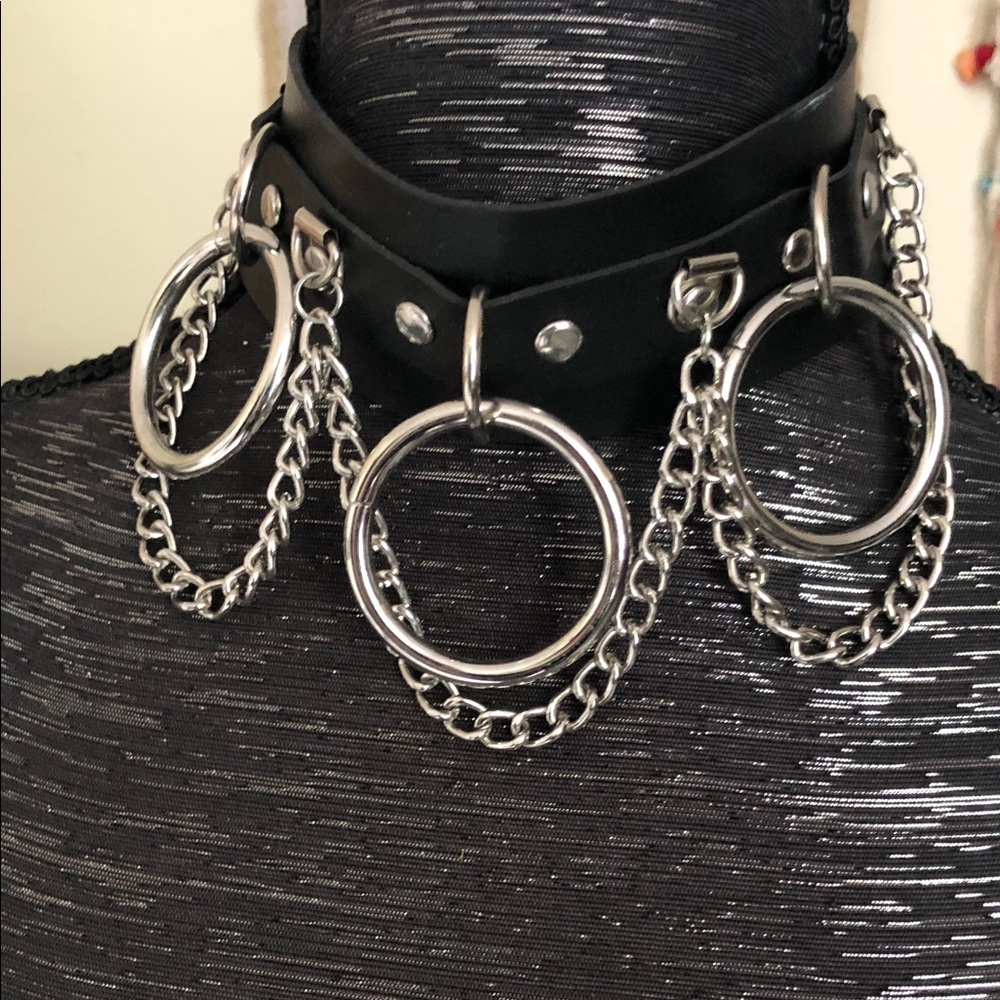 Black Faux Leather Ring & Chain Choker Necklace